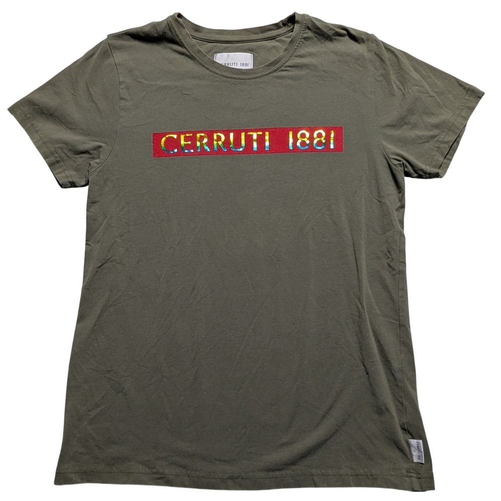Cerruti 1881 Women XL Olive Green Rainbow Iridescent Logo T-Shirt